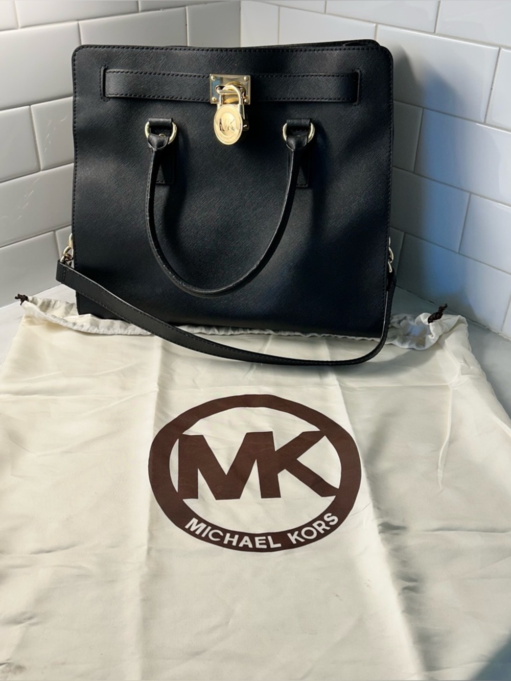 Michael Kors Black Leather Satchel Tote with Gold Lock and Dust Bag